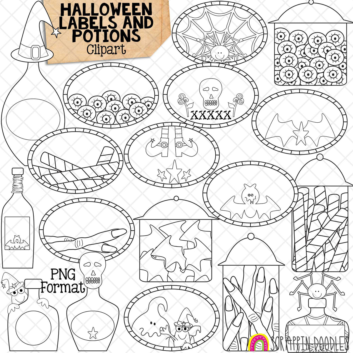 Spooky Crew Labels and Potions - Halloween Recipes - Jars - Witch Craft - Poison - CU - Hand Drawn PNG