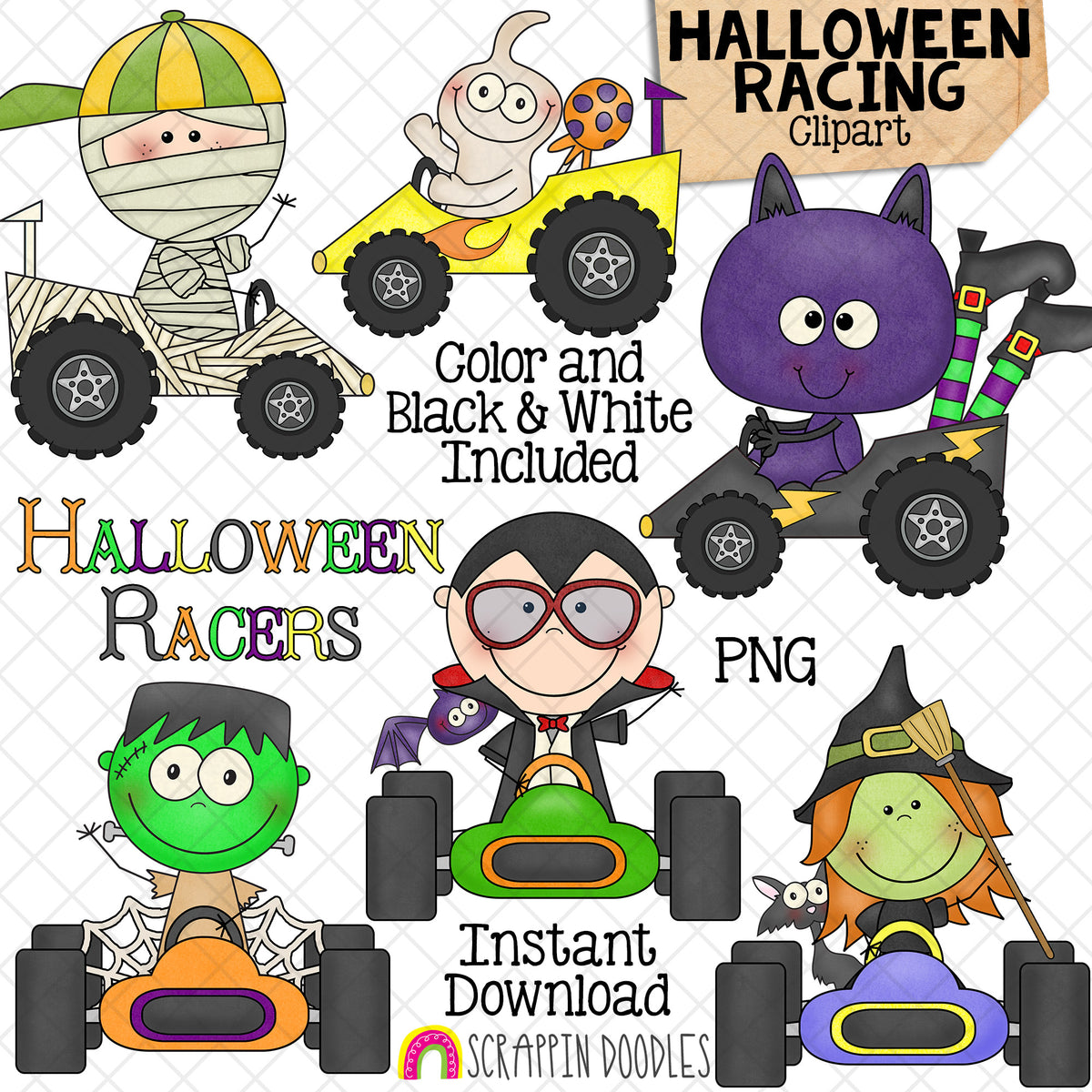 Halloween Race Cars ClipArt - Racing Clip Art - Witch - Dracula - Ghost - Mummy - Frankenstein - Bat - CU - PNG - Hand Drawn