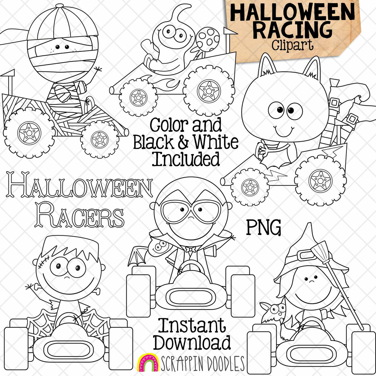 Halloween Race Cars ClipArt - Racing Clip Art - Witch - Dracula - Ghost - Mummy - Frankenstein - Bat - CU - PNG - Hand Drawn