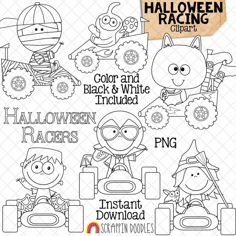 Halloween Race Cars ClipArt - Racing Clip Art - Witch - Dracula - Ghost - Mummy - Frankenstein - Bat - CU - PNG - Hand Drawn