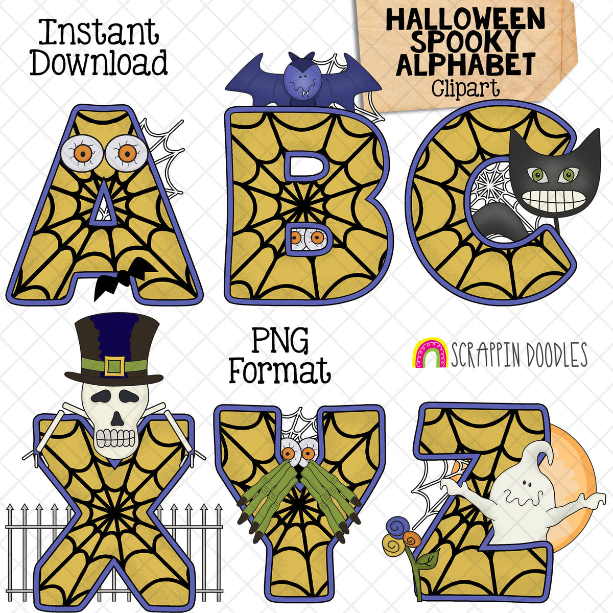 Spooky Crew Alphabet - Halloween Letters - Upper Case - Ghosts - Witch - Zombie - Commercial Use PNG - Hand Drawn Images
