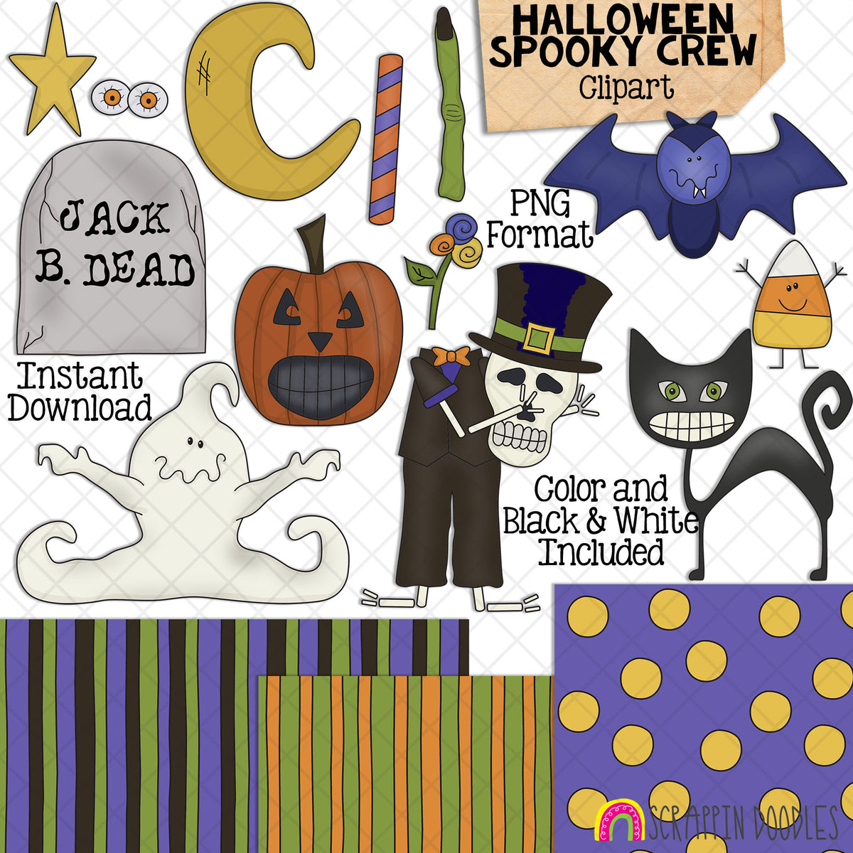 Spooky Crew ClipArt - Halloween - Black Cat - Ghost - Vintage - Skeleton - Commercial Use PNG - Hand Drawn Images