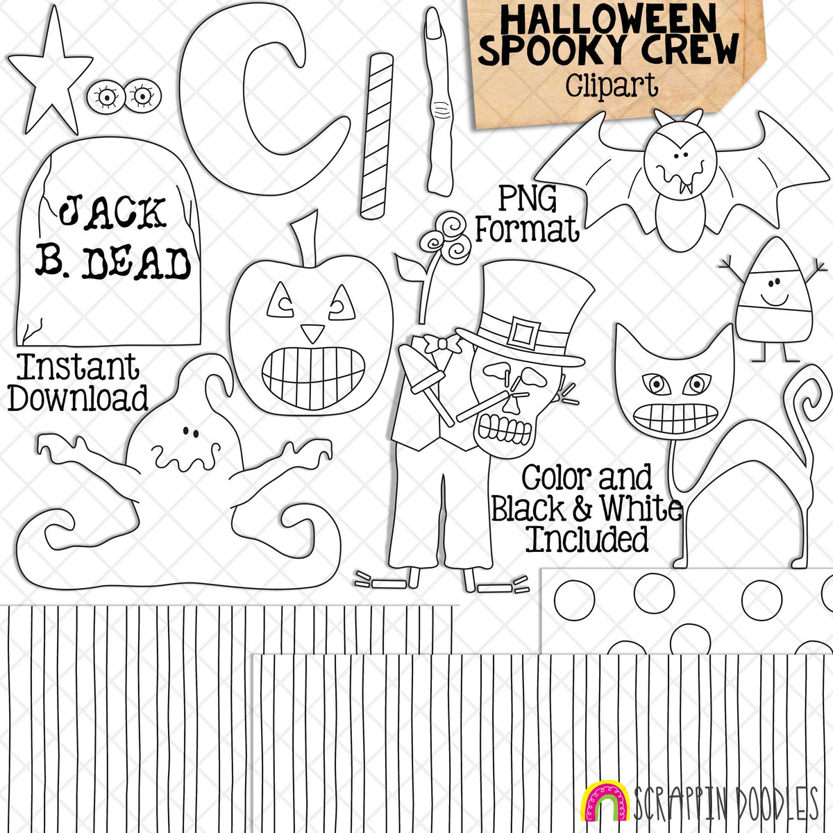 Spooky Crew ClipArt - Halloween - Black Cat - Ghost - Vintage - Skeleton - Commercial Use PNG - Hand Drawn Images