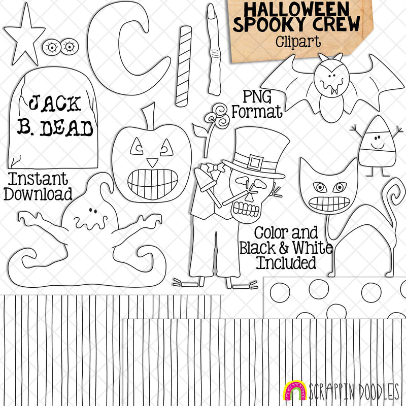 Spooky Crew ClipArt - Halloween - Black Cat - Ghost - Vintage - Skeleton - Commercial Use PNG - Hand Drawn Images