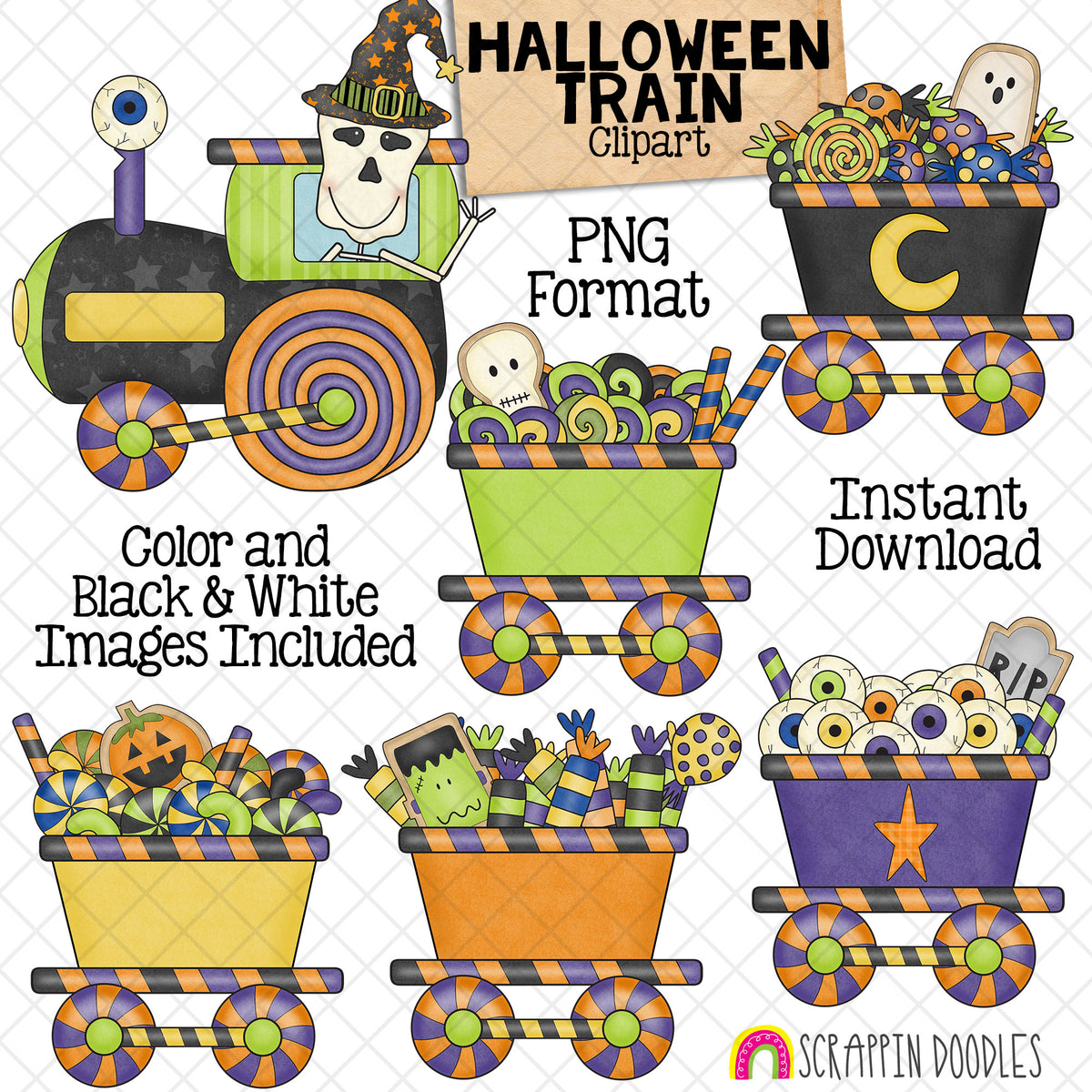 Halloween Candy Train - Railway - Skeleton Conductor - Cookies - Sweets - CU PNG Sublimation
