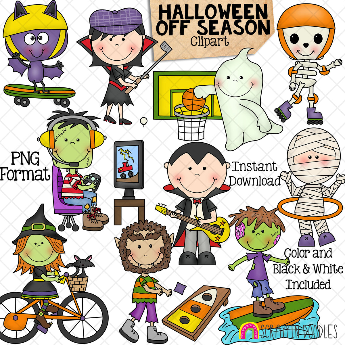 Halloween Off Season ClipArt - Frankenstein Playing Video Games- Witch on a Bike - Vampire Bat on Skateboard - Countess Playing Golf - Ghost Playing Basketball - Skeleton Rollerblading- Dracula Playing Guitar - Mummy Hula Hooping - Zombie Surfing - Werewolf Playing Corn hole- CU PNG - Hand Drawn Images