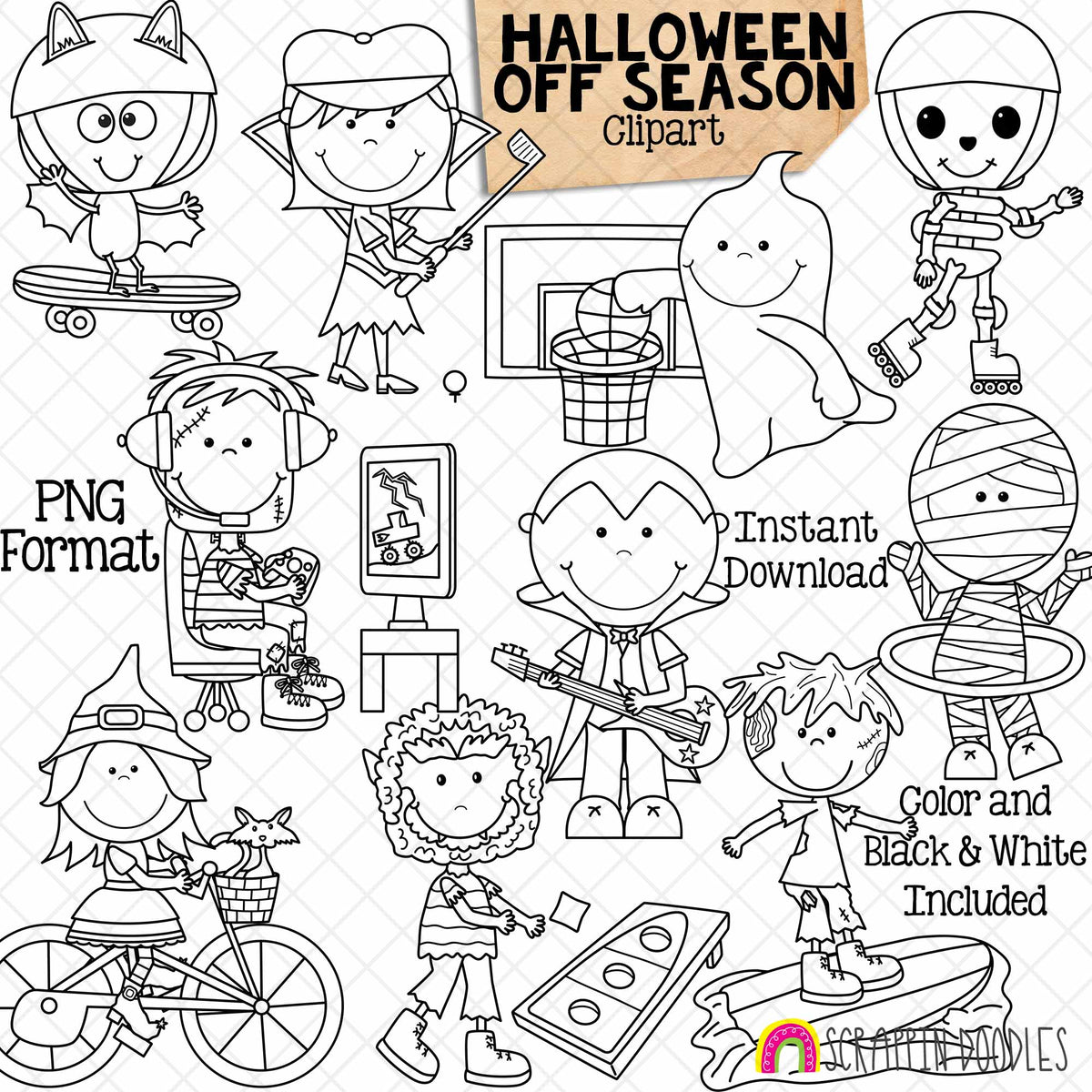 Halloween Off Season ClipArt - Frankenstein Playing Video Games- Witch on a Bike - Vampire Bat on Skateboard - Countess Playing Golf - Ghost Playing Basketball - Skeleton Rollerblading- Dracula Playing Guitar - Mummy Hula Hooping - Zombie Surfing - Werewolf Playing Corn hole- CU PNG - Hand Drawn Images