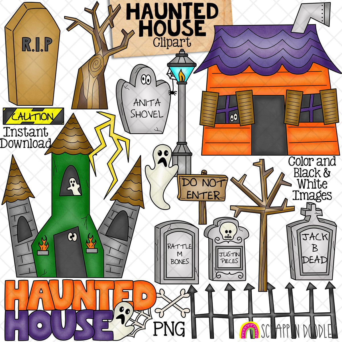 Haunted House ClipArt - Halloween - Cute - Graveyard - Tombstones - Coffin - CU PNG - Hand Drawn Images