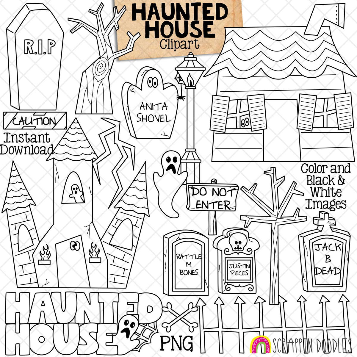 Haunted House ClipArt - Halloween - Cute - Graveyard - Tombstones - Coffin - CU PNG - Hand Drawn Images