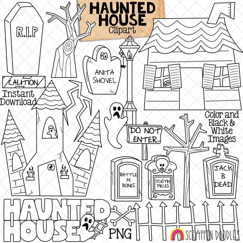 Haunted House ClipArt - Halloween - Cute - Graveyard - Tombstones - Coffin - CU PNG - Hand Drawn Images