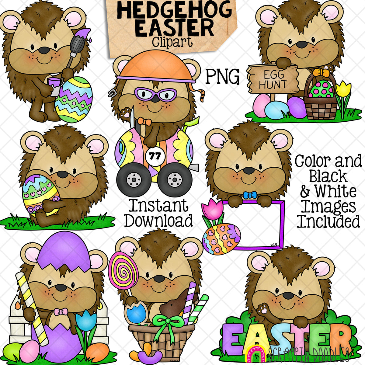 Spring Hedgehogs ClipArt - Cute Hedgehogs Posing Graphics - Rain Coat - Tulips - Tea Cup - Card Making - Paper Crafts - CU - PNG