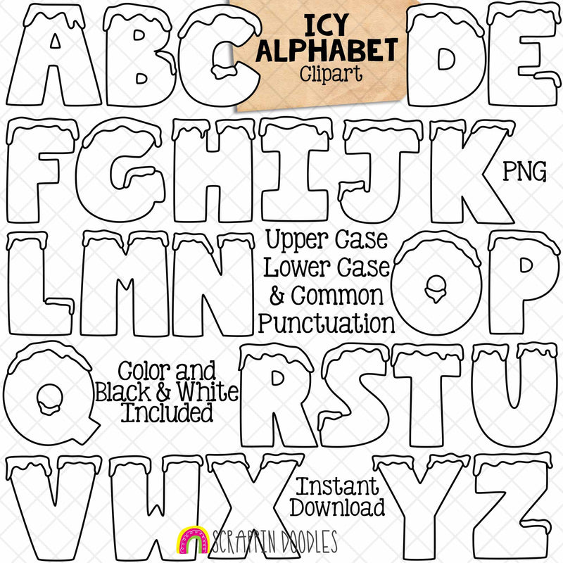 Icy Alphabet ClipArt - Snowy Ice Letters Clip Art - Numbers - Punctuation - PNG Graphics - Math Signs - Instant Download Sublimation Graphics