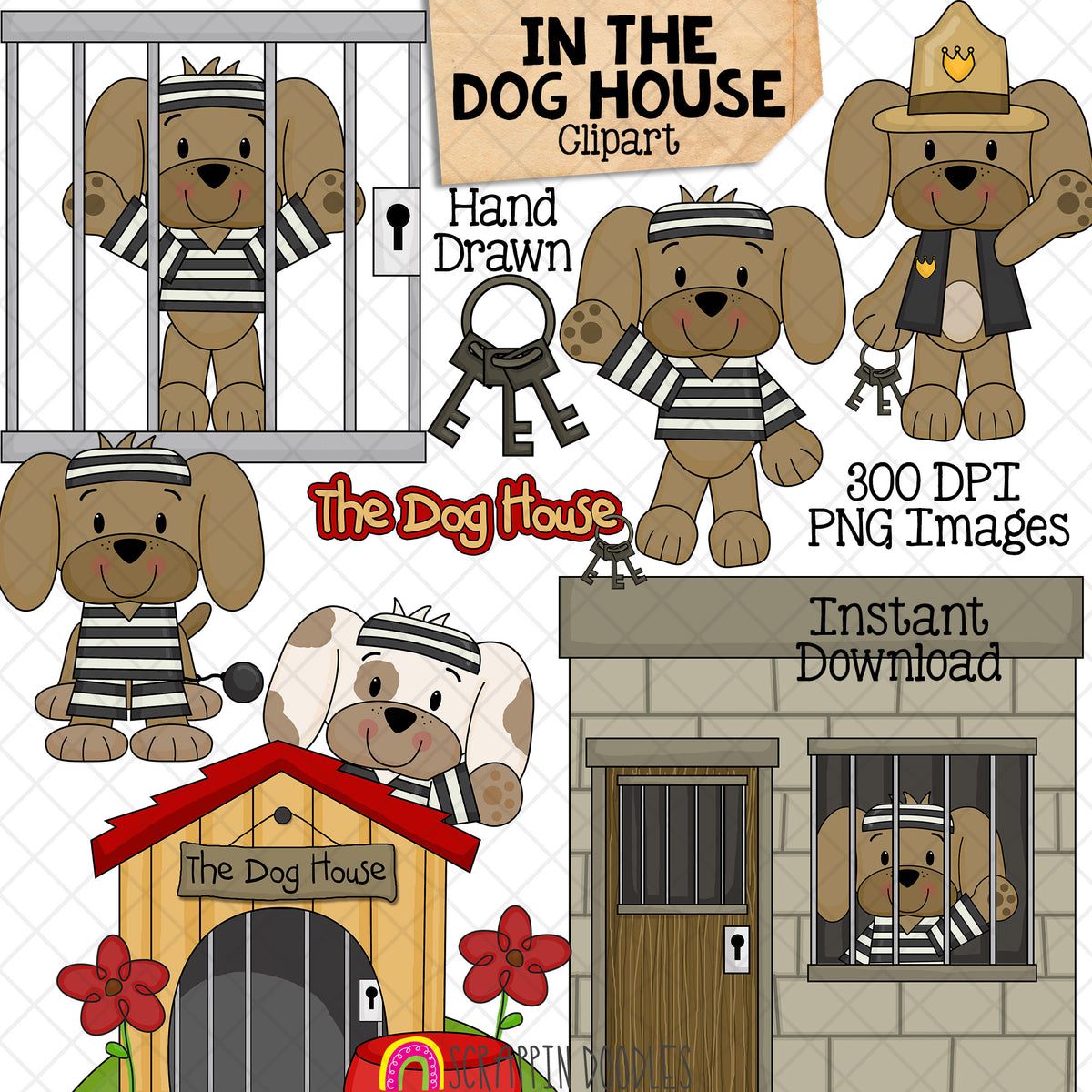 Hand-drawn In the Dog House clipart featuring cute prisoner puppies, a sheriff dog, jail cells, doghouse, handcuffs, keys and Dog House word art.