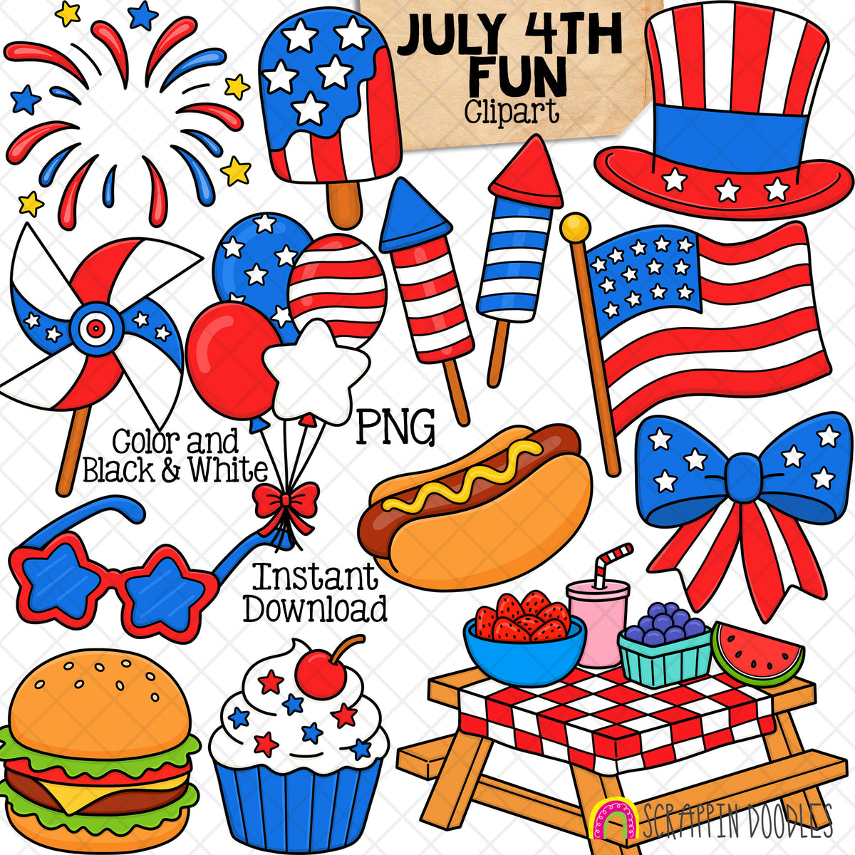July 4th Clipart Set, Independence Day PNG Bundle, Picnic, BBQ, Fireworks, Party, Printable Sublimation Design