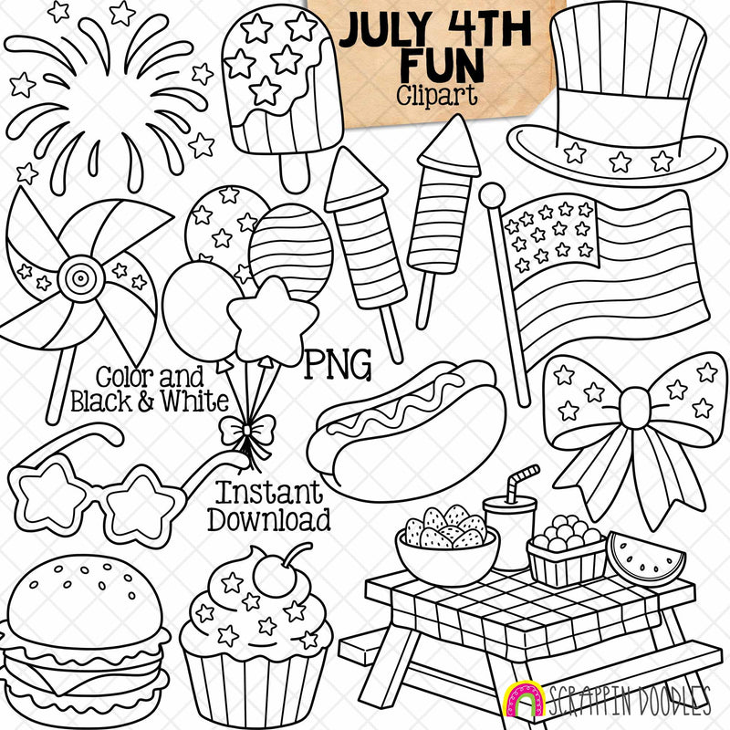 July 4th Clipart Set, Independence Day PNG Bundle, Picnic, BBQ, Fireworks, Party, Printable Sublimation Design