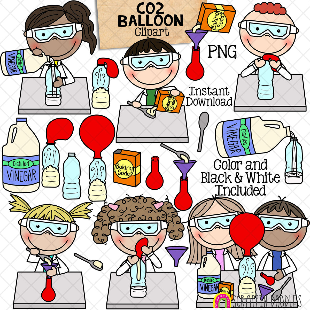 Inflating Balloon with CO2 Clip Art - Carbon Dioxide Experiments - Scientist - Vinegar - Kids Science - Baking Soda - CU PNG Sublimation