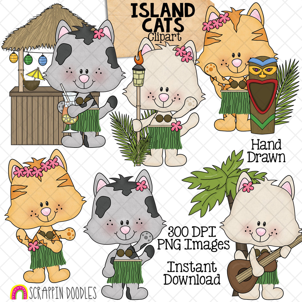 Hand-drawn Island Cats clipart featuring six cute kittens in grass skirts with tropical drinks, tiki decorations, a torch, drum and ukulele.
