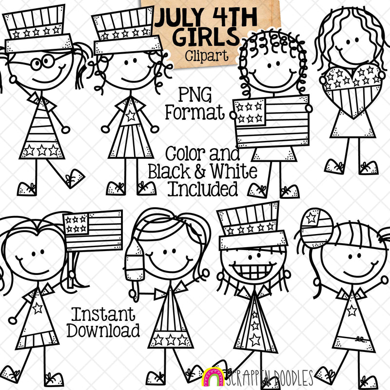 July 4th Clipart - Independence Day Doodle Girls - USA Graphics - Forth of July - Patriotic Clipart - Hand Drawn PNG