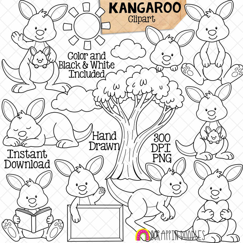 A black and white line art clipart set of kangaroos, featuring multiple cartoon kangaroo illustrations in different poses, a tree, clouds, and text reading 'KANGAROO Clipart', 'Color and Black & White Included', 'Instant Download', 'Hand Drawn', '300 DPI PNG', and 'KANGarooApplicables'.