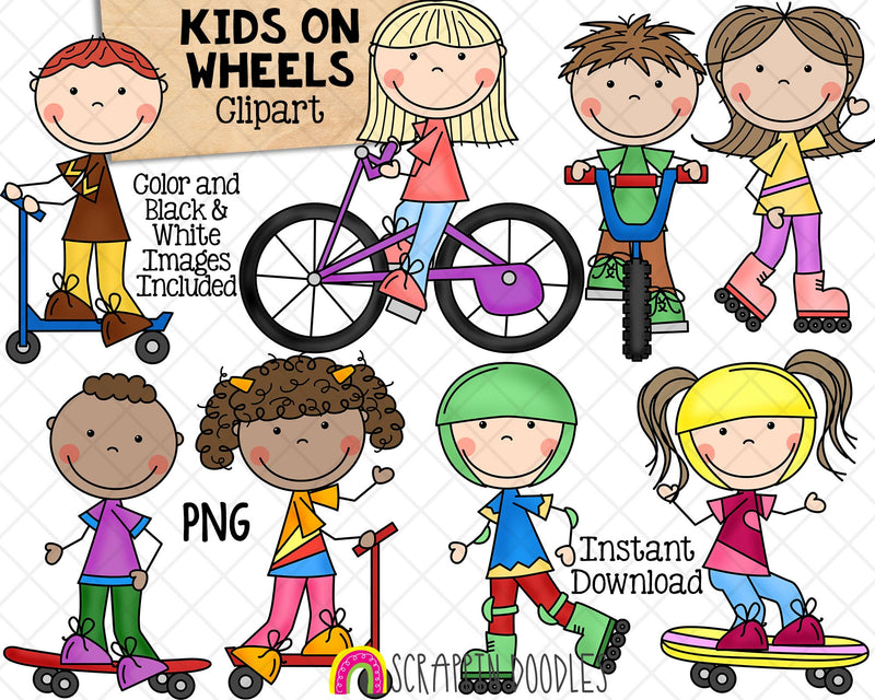 Kids on Wheels ClipArt - Skateboading Kids - Riding a Bike - Roller Skating - Commercial Use PNG