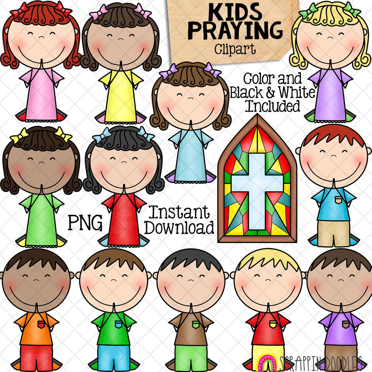 Praying ClipArt - Kids Doing Prayers - Church Windows - Pray - Christian - Commercial Use PNG - Sublimation Graphics