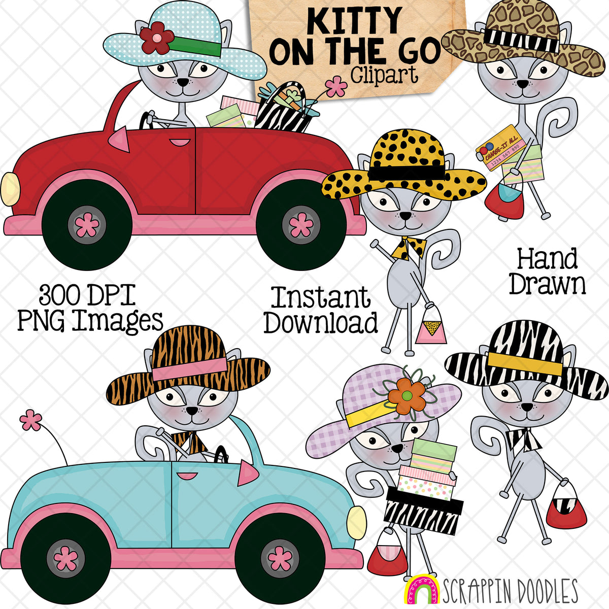 Kitty on the Go clipart featuring fashionable cats shopping, carrying bags and driving convertible cars in color and black and white.