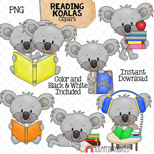 Koala ClipArt - Koala Bears Reading Books Graphics - Commercial Use PNG