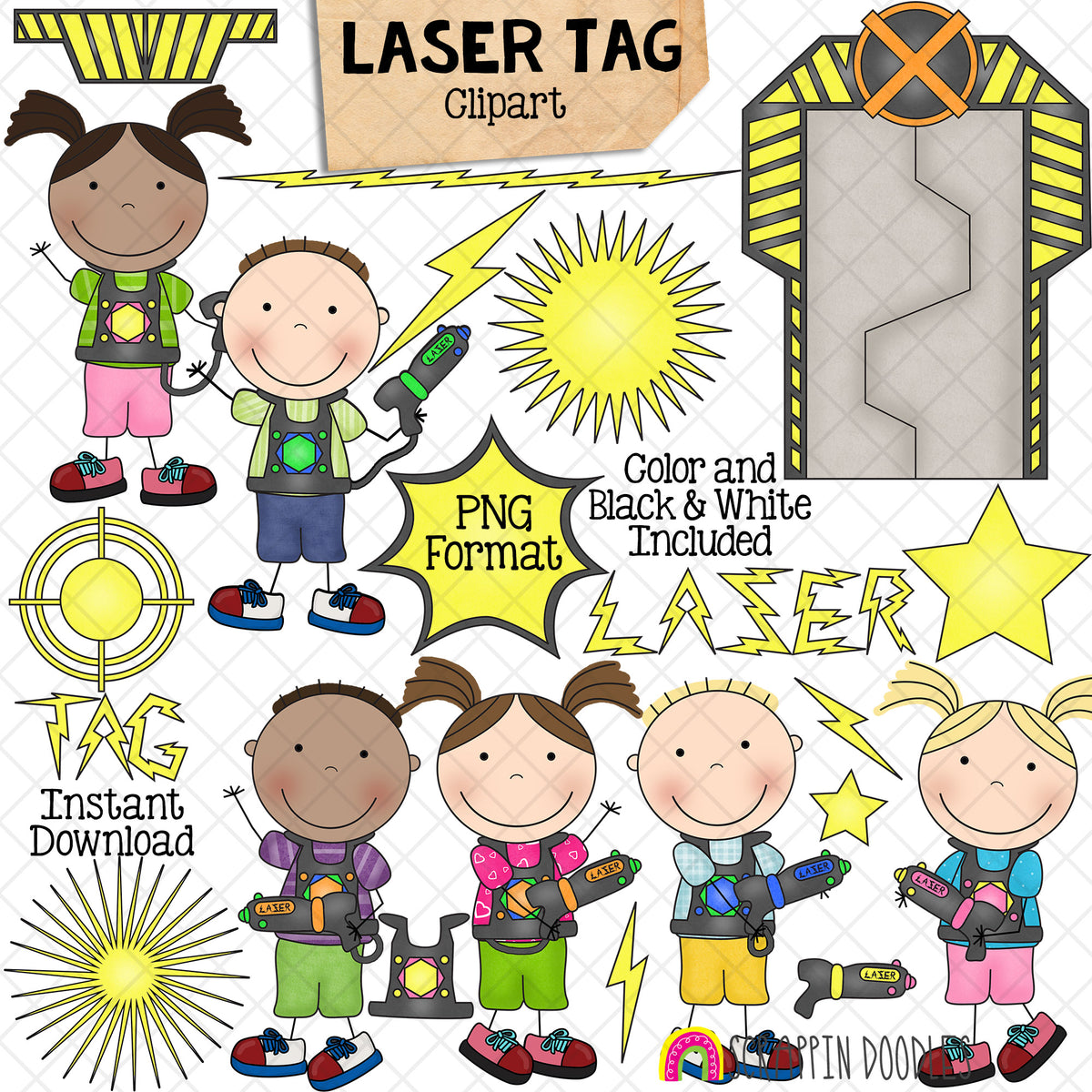 Laser Tag Clipart - Kids Playing Lazer Tag - Stick Figure Kids - Girls and Boys - Commercial Use PNG - Susie and Tommy