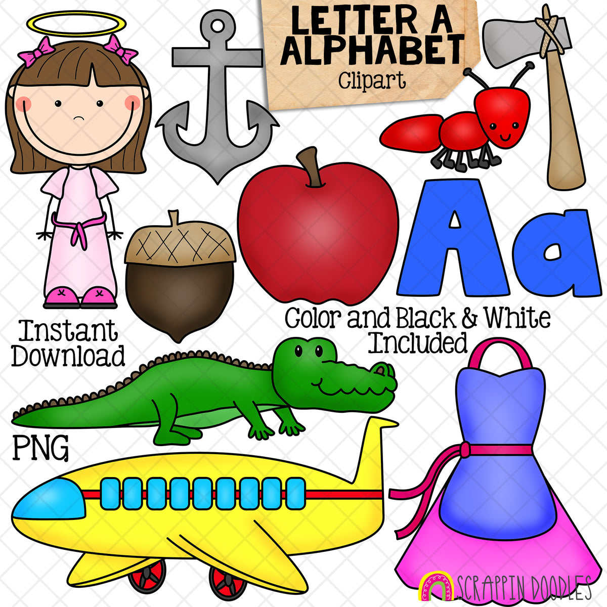 Letter A - Alphabet ClipArt - Short and Long Vowel - Angel -Anchor - Axe - Ant - Apple - Acorn - Alligator - Airplane - Apron - Commercial Use - PNG