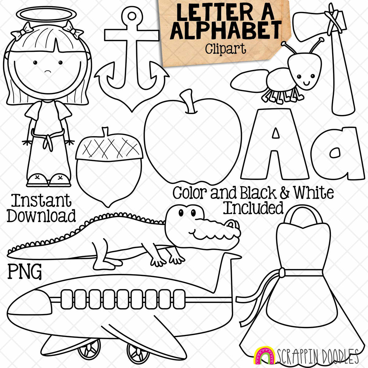 Letter A - Alphabet ClipArt - Short and Long Vowel - Angel -Anchor - Axe - Ant - Apple - Acorn - Alligator - Airplane - Apron - Commercial Use - PNG