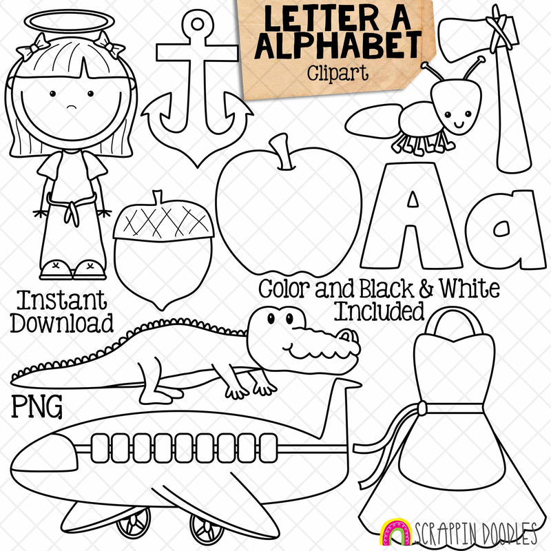Letter A - Alphabet ClipArt - Short and Long Vowel - Angel -Anchor - Axe - Ant - Apple - Acorn - Alligator - Airplane - Apron - Commercial Use - PNG