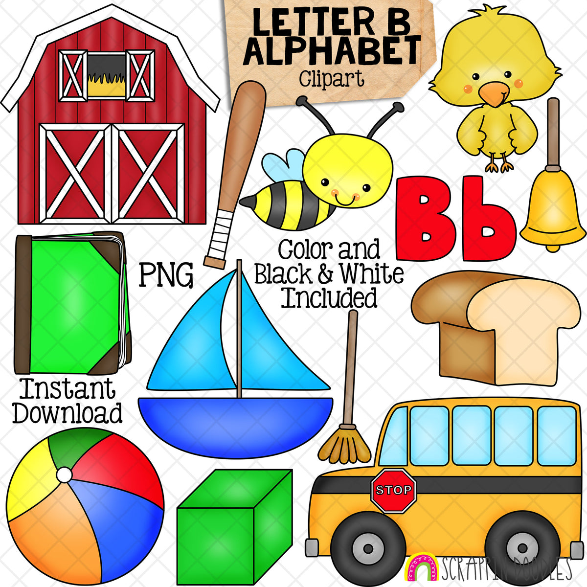 Letter B - Alphabet ClipArt - Short and Long Vowel - Barn - Baseball Bat - Bumble Bee - Bird - Bell - Bread - Bus - Block - Broom - Boat - Ball - Book - Commercial Use - PNG