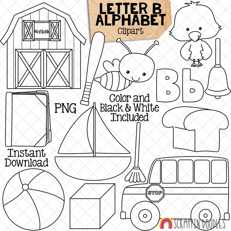 Letter B - Alphabet ClipArt - Short and Long Vowel - Barn - Baseball Bat - Bumble Bee - Bird - Bell - Bread - Bus - Block - Broom - Boat - Ball - Book - Commercial Use - PNG