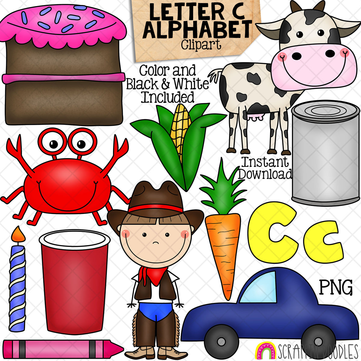 Letter C - Alphabet ClipArt - Short and Long Vowel - Cake - Cow - Can - Corn - Carrot - Car - Cowboy - Crayon - Candle - Cup - Crab - Commercial Use - PNG