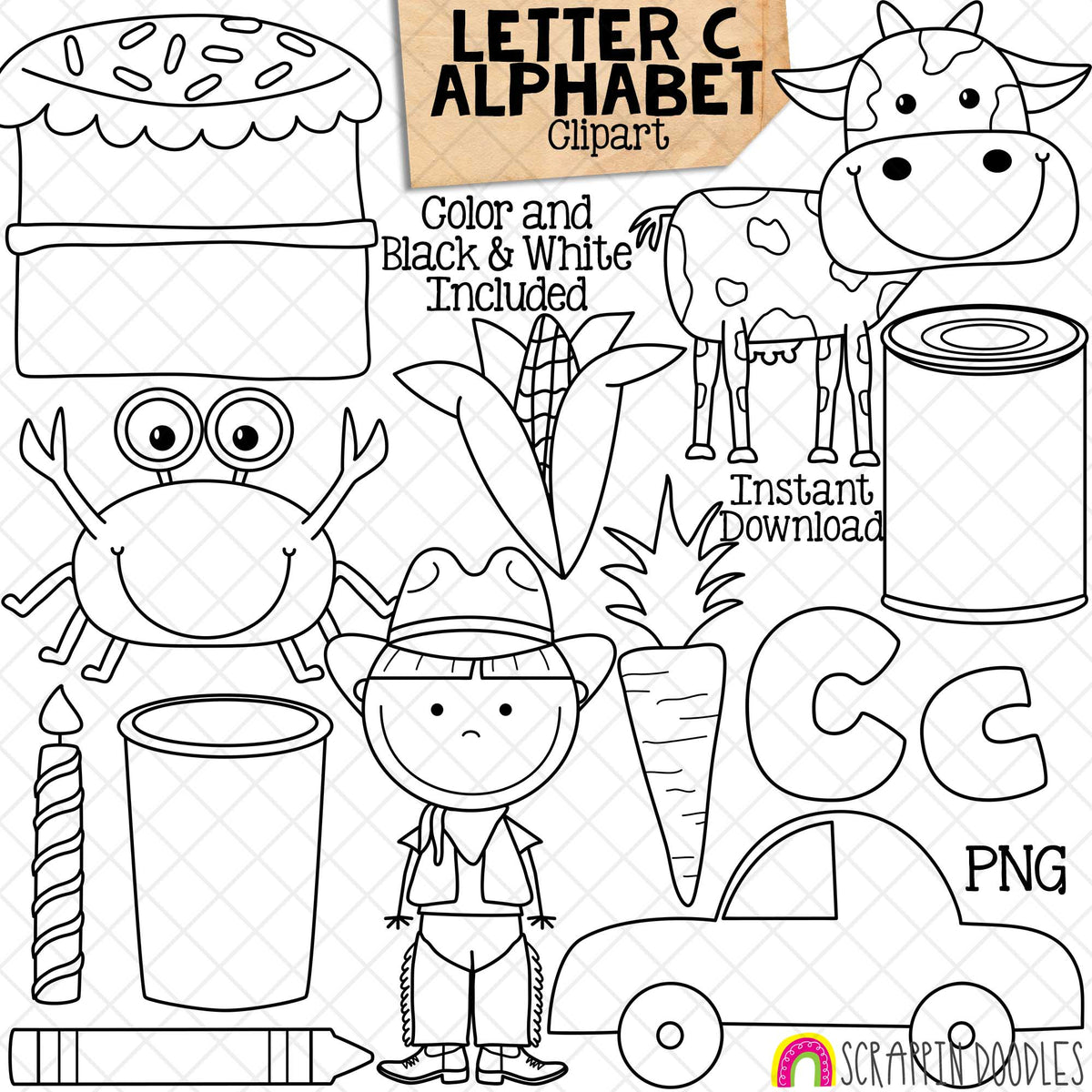 Letter C - Alphabet ClipArt - Short and Long Vowel - Cake - Cow - Can - Corn - Carrot - Car - Cowboy - Crayon - Candle - Cup - Crab - Commercial Use - PNG