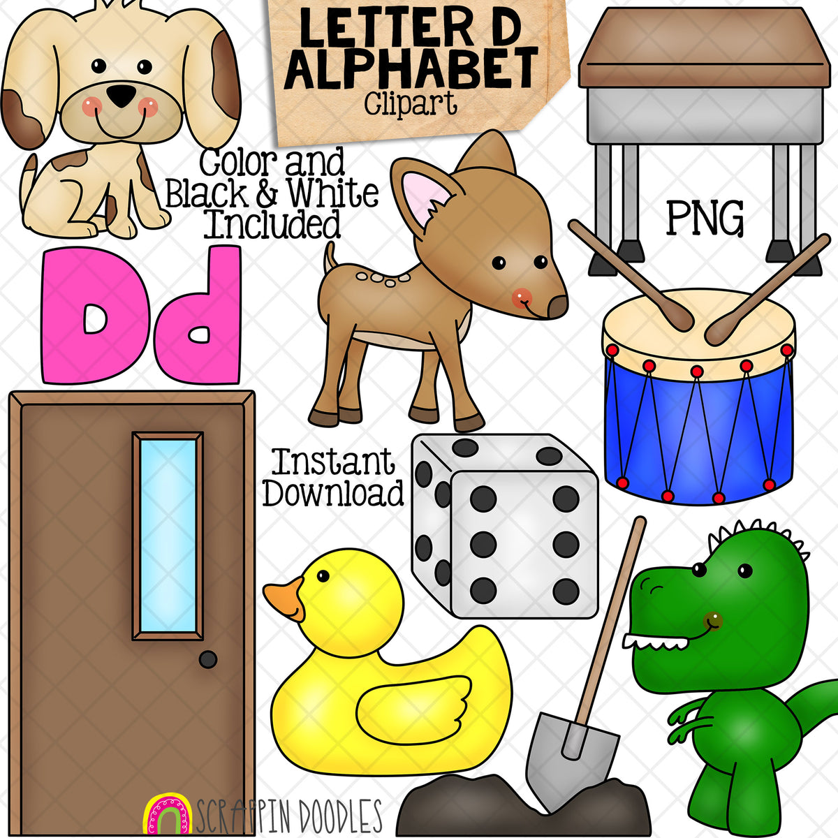 Letter D - Alphabet ClipArt - Short and Long Vowel - Dog - Deer - Desk - Drum - Dice - Dinosaur - Dig - Deck -Door - Commercial Use - PNG