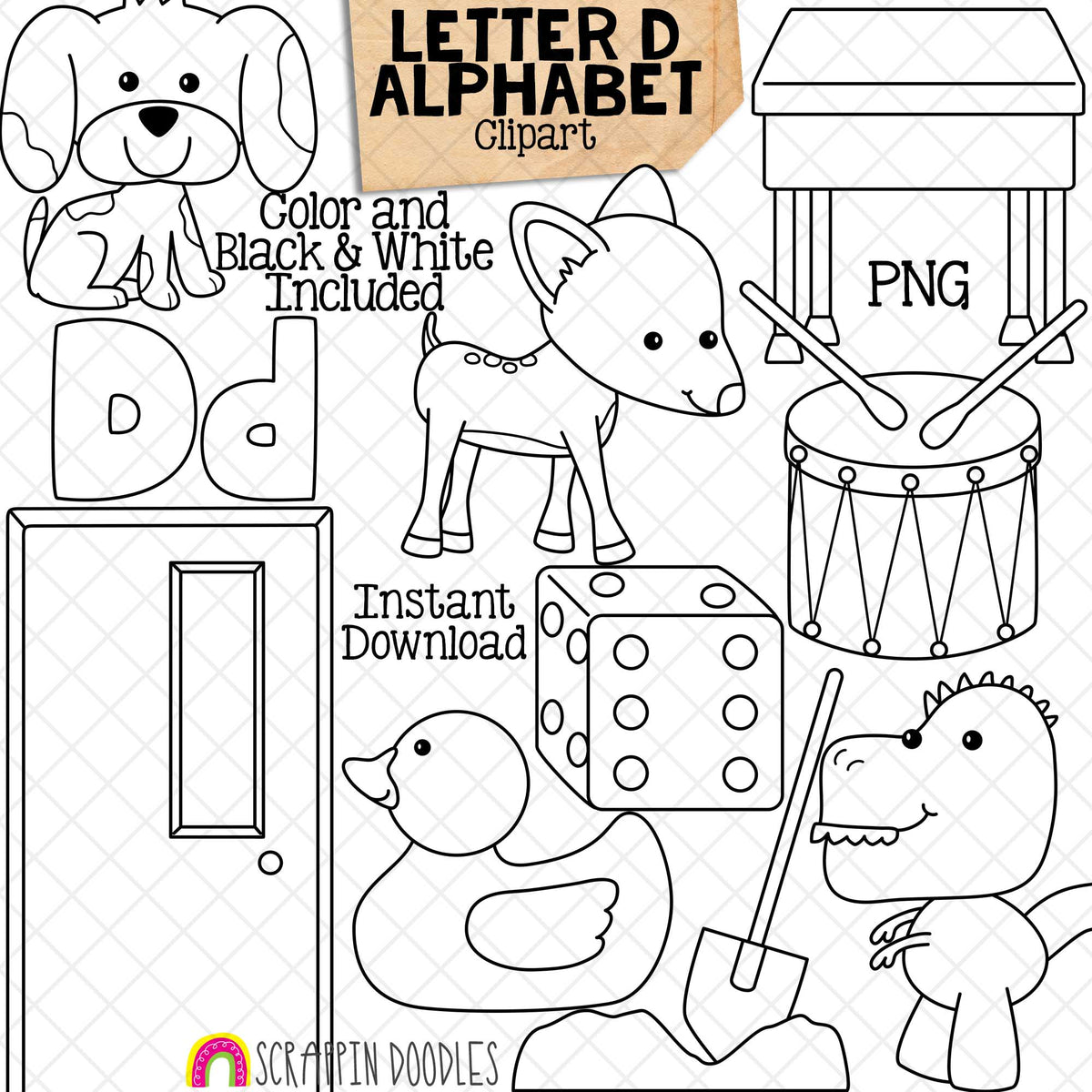 Letter D - Alphabet ClipArt - Short and Long Vowel - Dog - Deer - Desk - Drum - Dice - Dinosaur - Dig - Deck -Door - Commercial Use - PNG