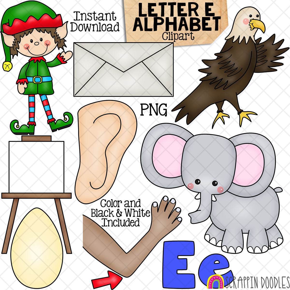 Letter E - Alphabet ClipArt - Short and Long Vowel - Elf - Envelope - Eagle - Elephant - Elbow - Egg - Easel - Ear - Commercial Use - PNG
