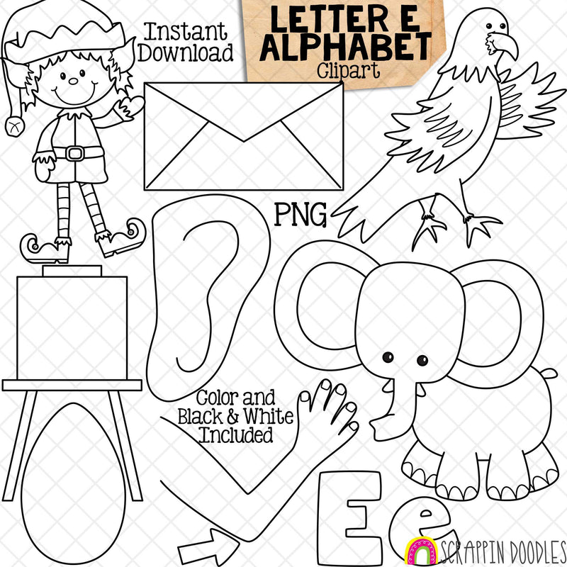 Letter E - Alphabet ClipArt - Short and Long Vowel - Elf - Envelope - Eagle - Elephant - Elbow - Egg - Easel - Ear - Commercial Use - PNG