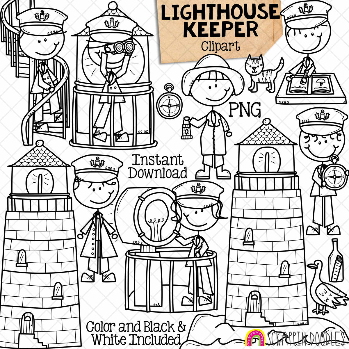 Lighthouse keeper clipart with various poses and objects including a lighthouse, compass, and bottle - Lighthouse Keeper ClipArt - Lookout - Lantern - Beacon - Seagull - Compass - Log Book - Message In Bottle - Doodle Boys - Commercial Use PNG