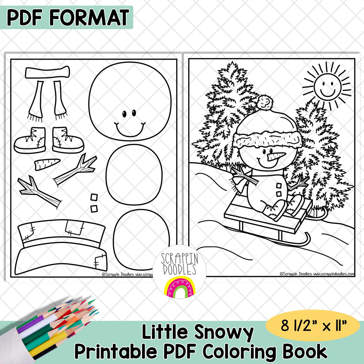 Little Snowy Coloring Book - Printable PDF - Winter Snowman - Adult Coloring Pages