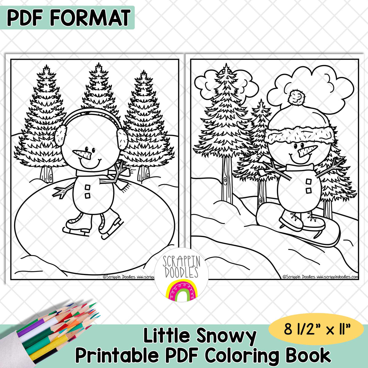 Printable PDF coloring book cover preview for 'Little Snowy Printable PDF Coloring Book' in PDF format. The design shows two black-and-white winter scenes with snowmen in a snowy forest, plus colored pencils and a yellow size badge reading 8 1/2" x 11".