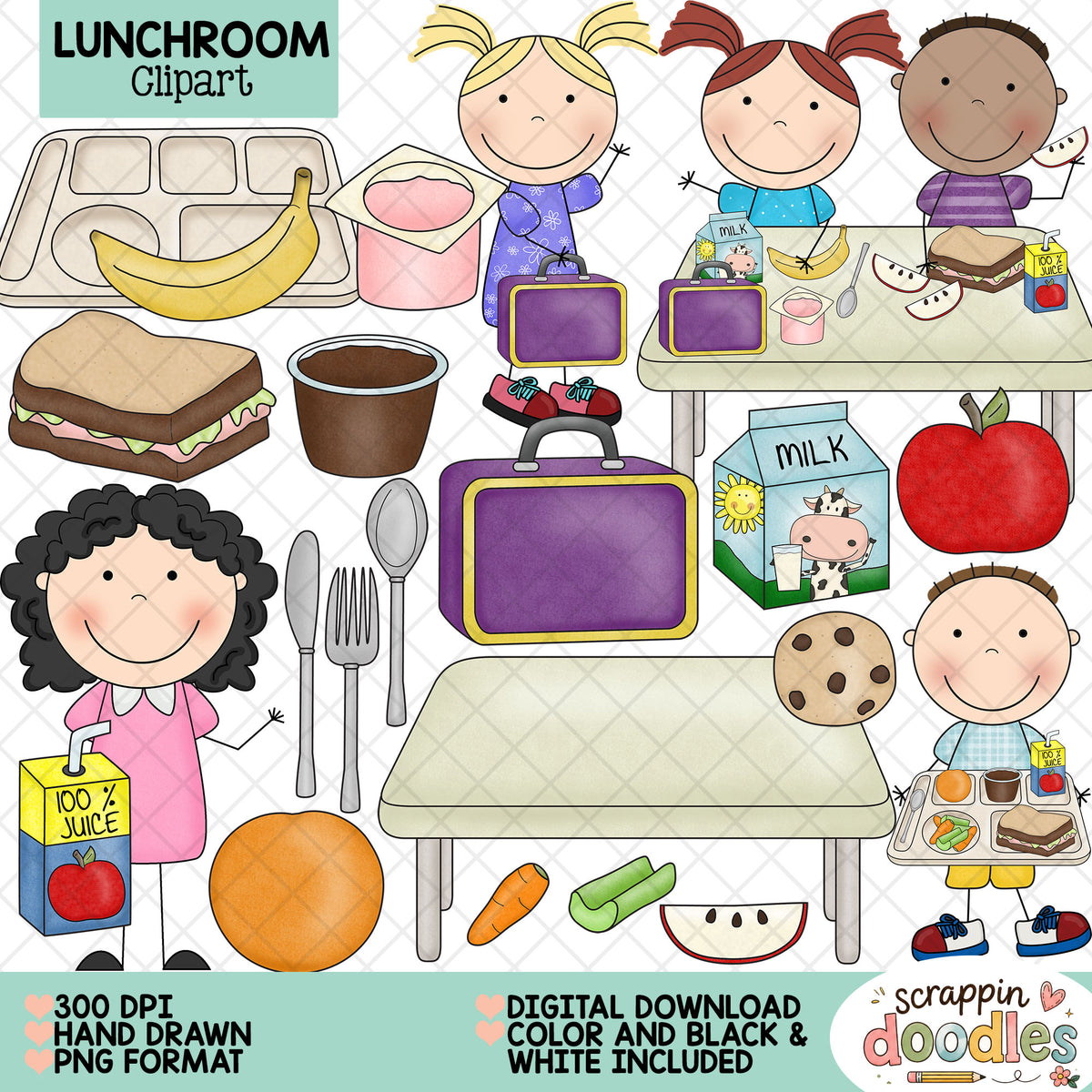 A digital clipart set featuring cartoon children and school lunch items, including lunchboxes, sandwiches, milk cartons, fruit, utensils, and tables. The image includes text labels such as 'LUNCHROOM Clipart,' '300 DPI HAND DRAWN PNG FORMAT,' and 'DIGITAL DOWNLOAD COLOR AND BLACK & WHITE INCLUDED,' with the Scrappin Doodles logo at the bottom right.