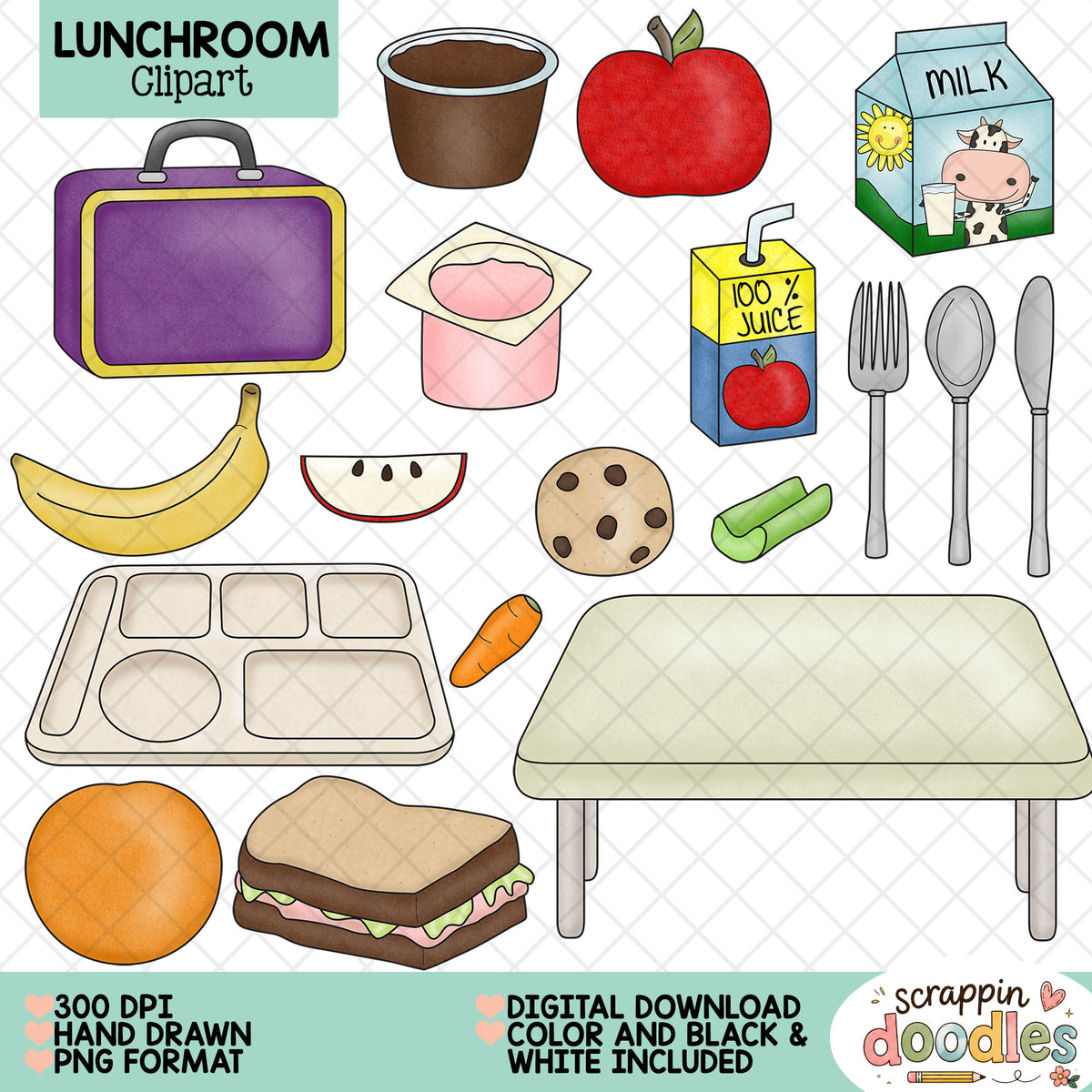A digital clipart set of school lunchroom and food illustrations, including a purple lunchbox, milk carton, apple, yogurt, juice box, banana, watermelon slice, cookie, carrot, tray, sandwich, and table, with text reading 'Lunchroom Clipart' and '300 DPI Hand Drawn PNG Format'.