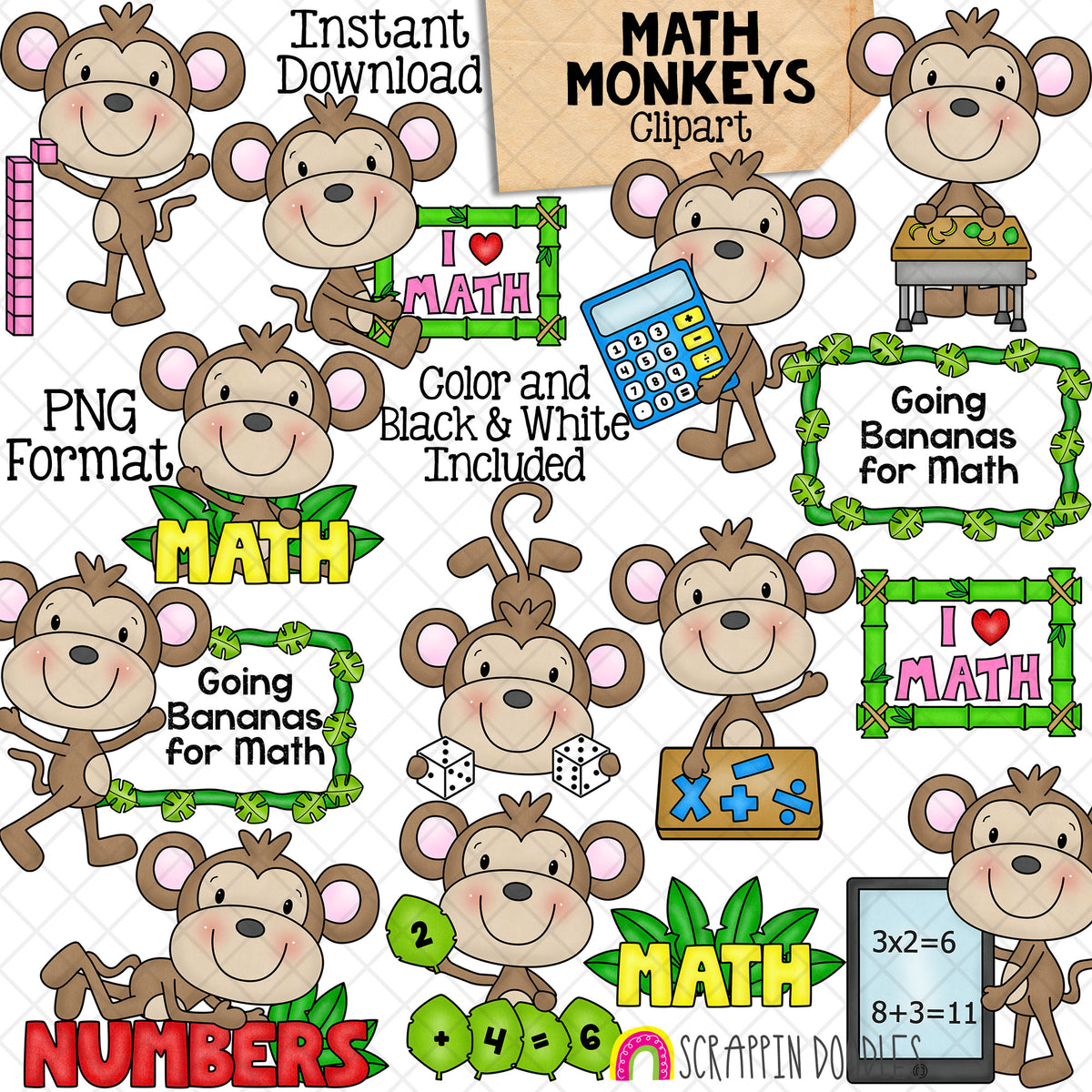 Monkey Clip Art - Monkeys Doing Math - Jungle Animals - School - Learning Math - Commercial Use PNG Sublimation