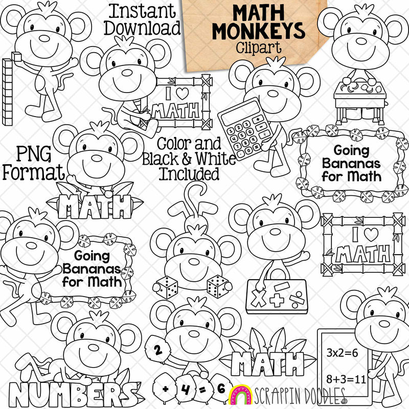 Monkey Clip Art - Monkeys Doing Math - Jungle Animals - School - Learning Math - Commercial Use PNG Sublimation