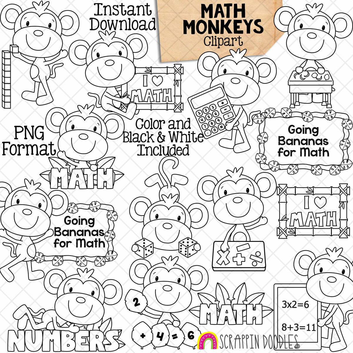 School Monkey ClipArt Bundle - Reading - Writing - Math - Science