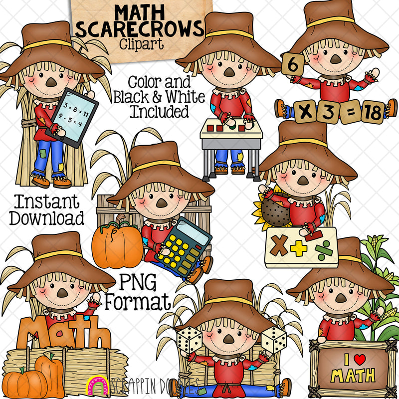 Scarecrows School Clip Art Bundle - Math - Reading - Science - Writing - Fall Farm - Hay Bales - Pumpkins - Commercial Use PNG Sublimation