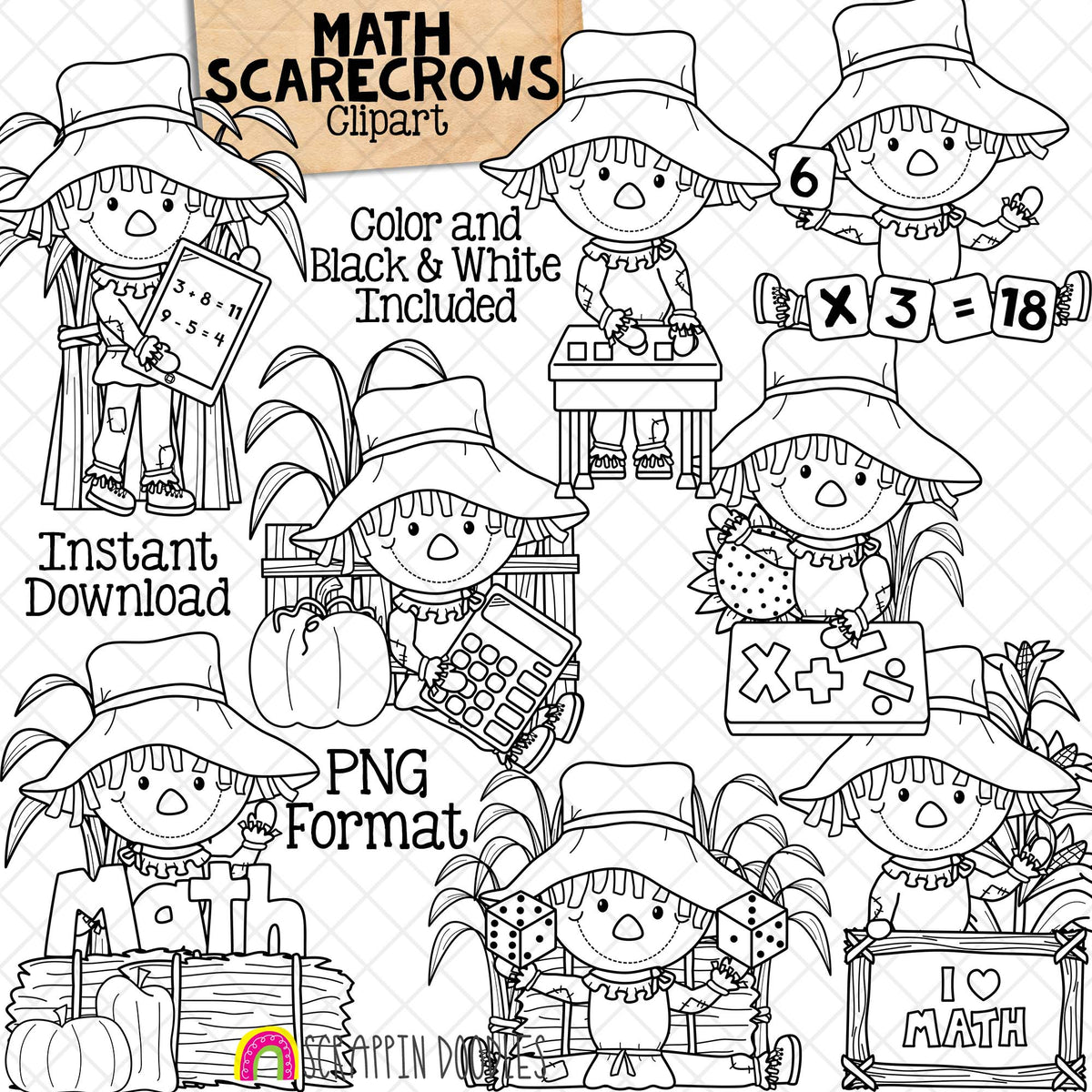 Scarecrow School Clip Art Bundle - Math - Reading - Science - Writing - Fall Farm - Hay Bales - Pumpkins - Commercial Use PNG Sublimation