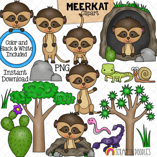 Meerkats ClipArt - Habitat - Cute Meerkats - Desert Environment - Lizard - Scorpion - Cactus - Joshua Tree - Snail - CU PNG
